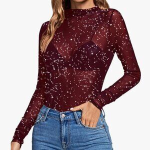 Women's Sheer Mesh Mock Neck Long Sleeve Slim Fit Glitter Stars Shirt-S Bust 33"